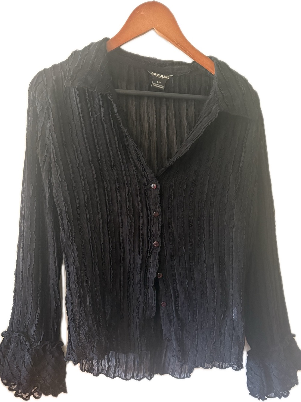 Guess Black Sheer Textured Button-Down Blouse with Ruffled Cuffs